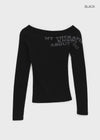 Dontop Lettering Unbal Off Shoulder Long Sleeve T-shirt