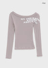 Dontop Lettering Unbal Off Shoulder Long Sleeve T-shirt