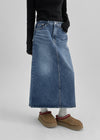 Cabot Back Banding Slit Denim Long Skirt