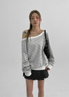 Lumbo Stripe Unbalanced Off-Shoulder Long Sleeve T-Shirt