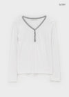 Elovie Button Color Combination Long Sleeve T-shirt