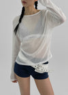 Limisin Hole Shoulder Knit Linen Long Sleeve Tee