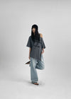 Olluon Loose Fit One Shoulder Short Sleeve Tee