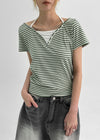 Anning Layered Stripe Halter Button Short Sleeve Tee
