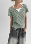 Anning Layered Stripe Halter Button Short Sleeve Tee