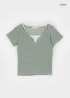 Anning Layered Stripe Halter Button Short Sleeve Tee