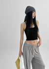 Luvpo Button Stripe Crop Halter Sleeveless Top (Built-in Bra)