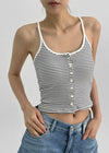 Luvpo Button Stripe Crop Halter Sleeveless Top (Built-in Bra)