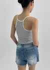 Luvpo Button Stripe Crop Halter Sleeveless Top (Built-in Bra)