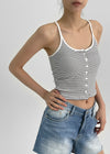 Luvpo Button Stripe Crop Halter Sleeveless Top (Built-in Bra)