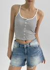Luvpo Button Stripe Crop Halter Sleeveless Top (Built-in Bra)