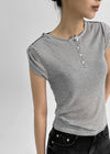 Ruttin Stripe Henley Neck Roll-Up Short Sleeve Tee