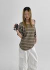 Kanic Stripe Loose Fit Off Shoulder Short Sleeve T-shirt