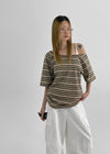 Kanic Stripe Loose Fit Off Shoulder Short Sleeve T-shirt