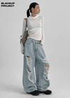 [MADE] Porcelain Damaged Back Banding Denim Pants