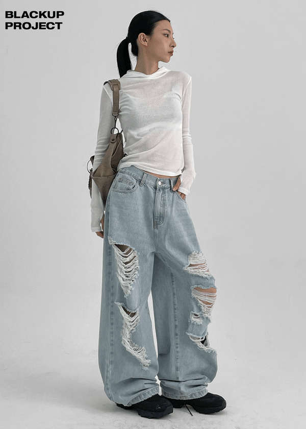 [MADE] Porcelain Damaged Back Banding Denim Pants