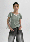 Anning Layered Stripe Halter Button Short Sleeve Tee