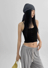 Luvpo Button Stripe Crop Halter Sleeveless Top (Built-in Bra)